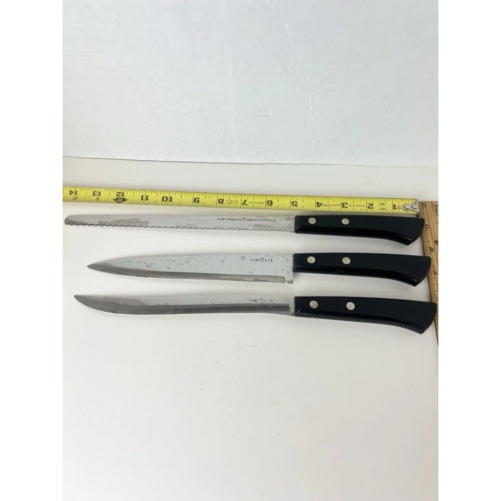 Vintage Ekco Flint Knife Wall Mount Wood Block 3 Stainless Knives Black Handle